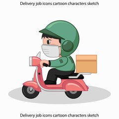 Delivery job icons cartoon characters sketch