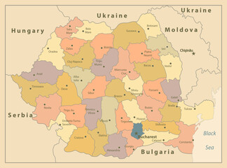 Romania Political Map Old Colors