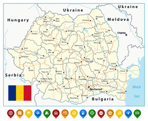 Romania Road Map and map icons