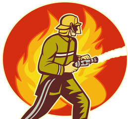 illustration of a Firefighter fireman with water hose fighting fire viewed from the side with flames in background.