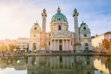 Fototapeta na wymiar Saint Charles's Church in Karlsplatz at sunrise, Vienna, Austria