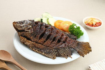 Gurame Bakar Madu, Grilled Gourami with honey and soy sauce. Served with sambal (chilli sauce), cucumber and tomatoes in white plate.   
