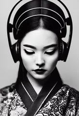 Eine junge schöne Geisha in Kimono und Kopfhörern. Porträt einer wunderschönen Geisha in einem schwarz-goldenen Kimono. 3D-Rendering. © designprojects