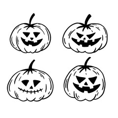 Halloween pumpkin hand drawn icons set. Vintage funny pumpkins isolated on white background. Monsters faces.