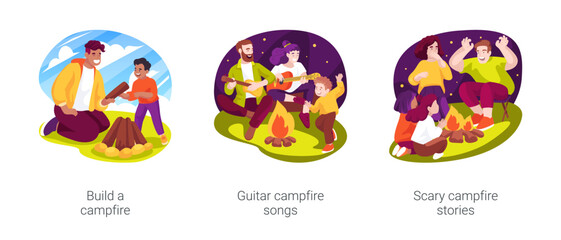 Campfire activities isolated cartoon vector illustration set