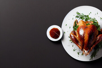 Delicious Roast Turkey and Black Copy space Background For Menu Restaurant or Recipe Text and Advisement. Thanksgiving Holiday