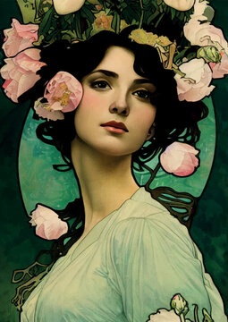 Art Nouveau Style Portrait of a Beautiful Young Women with Pink Peonies. Digitally generated image, post-processed with manual drawing of details. Not an real person, no model release required