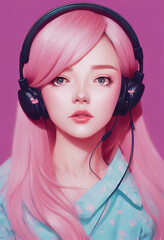 Cute girl with ear headphones. Beautiful streamer illustration. Gamer girl. Youtuber. Listening music girl. Call center