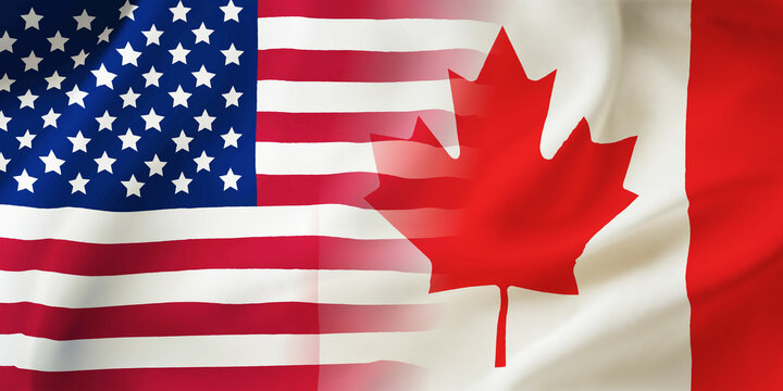 Canada,USA flag together.American,Canadian waving flag