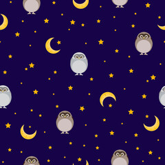 night owls seamless pattern. night sky and owl background. wizard magic pattern. good for kids wear, fabric, textile, fashion, wallpaper, night wear.