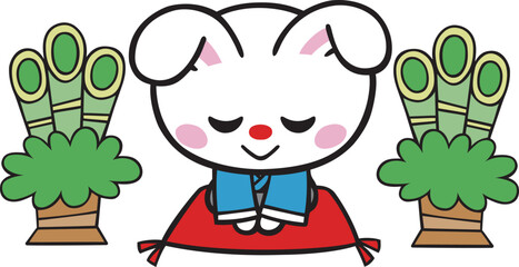 卯年正月　正座でお辞儀ウサギと門松　ベクター素材
