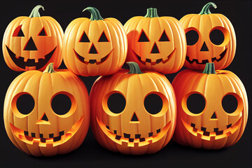 3D Halloween Background with seven Jack O Lanterns