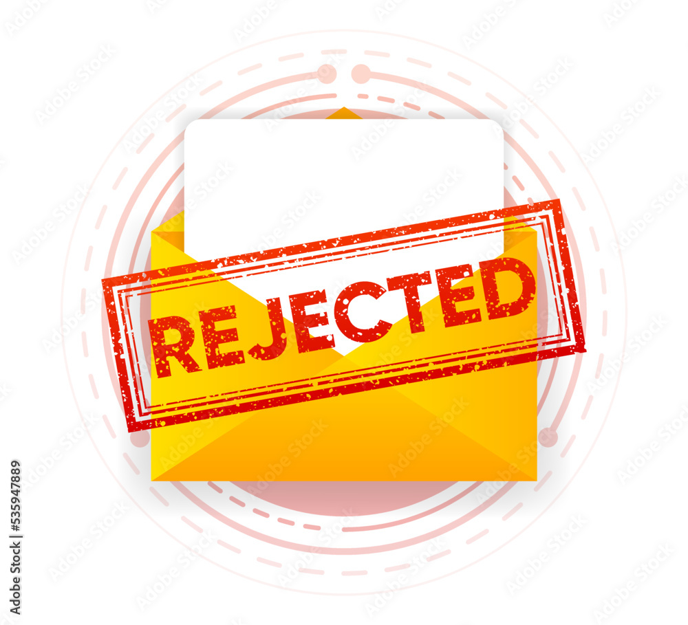Poster envelope with a rejected letter. opened envelope and document with red stamp. rejection email. vecto