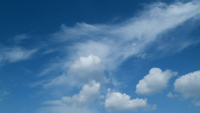 Autumn blue sky with cirrus and cumulus on different layers clouds. Beautiful blue sky and cloudscape panoramic. Blue sky cirrus clouds. Timelapse.