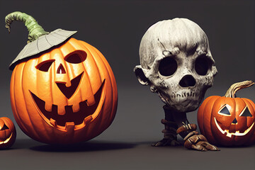 Funny Halloween Background with a Jack O Lantern and a Skull