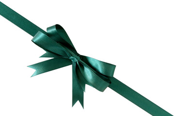 Green gift ribbon and bow diagonal isolated transparent background photo PNG file