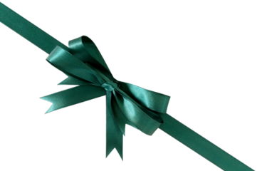 Green gift ribbon and bow diagonal isolated transparent background photo PNG file