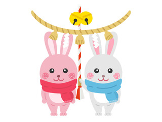 神社に参拝する、ウサギのカップルのイラスト