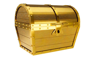 Treasure chest made of gold. Antique chest made of wood and metal, painted gold. Antique padlock locks the treasure chest. on a white background with clipping path. 3D rendering