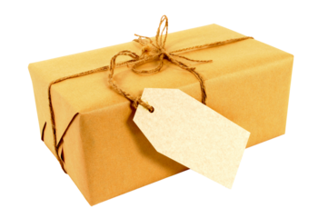 Brown paper  parcel package and address label gift tag isolated transparent background photo PNG file