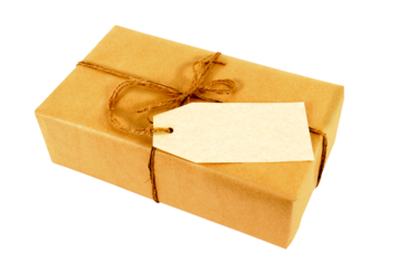 Brown paper package and label small tied string isolated photo transparent background PNG file