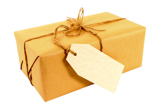 Brown paper  parcel package and address label gift tag isolated transparent background photo PNG file