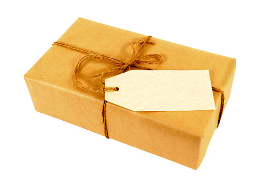 Brown paper package and label small tied string isolated photo transparent background PNG file