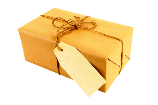 Brown paper package parcel and label isolated transparent background photo PNG file