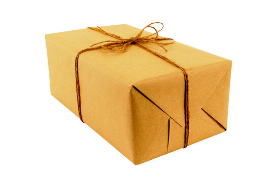Brown paper parcel small tied string photo transparent background isolated PNG file