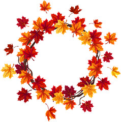 Autumn maple leaf wreath with red, orange, and yellow maple leaves. Greeting or invitation card design. Vector circle frame