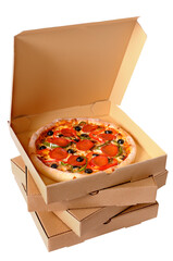 Pizza box stack pepperoni inside open top photo isolated transparent background PNG file