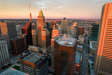 Aerial View of Baltimore City Skyline at Sunset