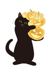 ハロウィーンのカボチャのランタンを持つ黒猫　背景透明