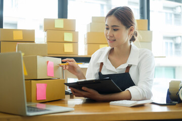 Female entrepreneur checking order preparing for delivery.