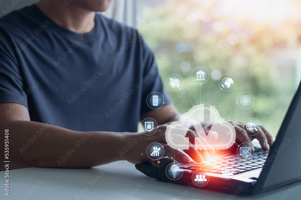 Aufkleber cloud data storage concept. businessmen are using a laptop to access the cloud computing system diag
