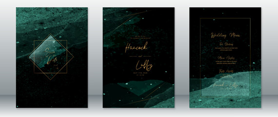 Wedding invitation card luxury design template with gold frame and dark green background