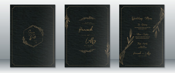 Wedding invitation card template luxury design with gold leaf wreath frame and black paper texture background