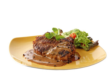 Closeup Black Pepper Steak with the black pepper sauce in the plate. Foods concept. (Transparent PNG File)