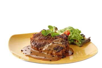 Photo sur Plexiglas Manger Closeup Black Pepper Steak with the black pepper sauce in the plate. Foods concept. (Transparent PNG File)