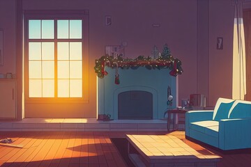 A colorful 2D animation-style home interior living room decorated for the Christmas holiday