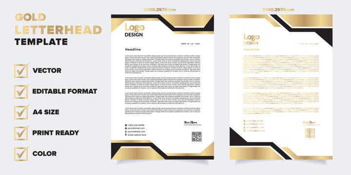 gold letterhead template for business company stationery design with A4 sheet vector format and editable layout in luxury color