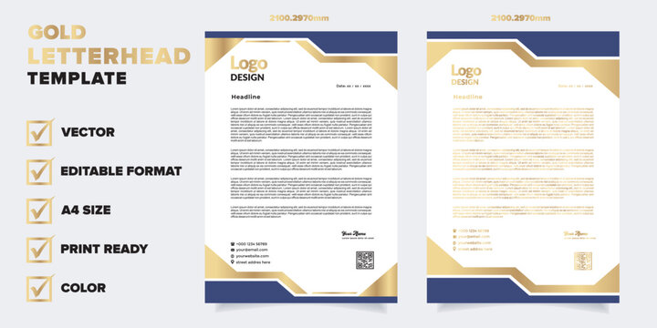 gold letterhead template for business company stationery design with A4 sheet vector format and editable layout in luxury color