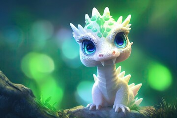 3D rendered computer generated image of an adorable kawaii baby dragon. Modern animation style with cute dragon look. Photorealistic fantasy background and reptile scale texture