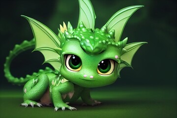 Obraz premium 3D rendered computer generated image of an adorable kawaii baby dragon. Modern animation style with cute dragon look. Photorealistic fantasy background and reptile scale texture