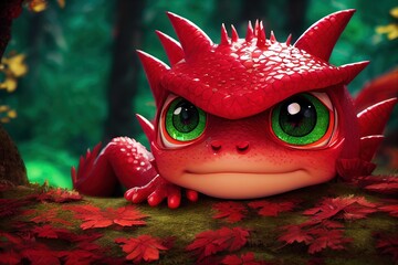 3D rendered computer generated image of an adorable kawaii baby dragon. Modern animation style with cute dragon look. Photorealistic fantasy background and reptile scale texture