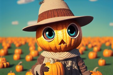 An adorable scarecrow guarding the pumpkin patch during the fall season. 3D render with bright, colorful, photorealistic look