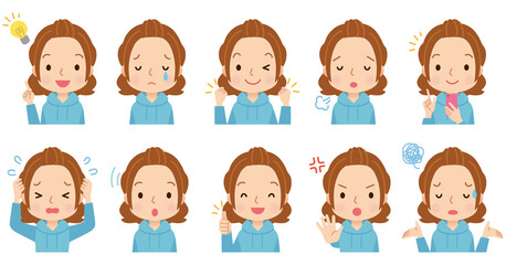 女性　主婦　表情ポーズ　セット