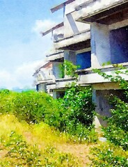 art color of abandoned building in country landscape