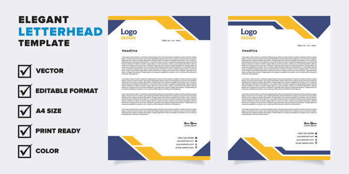 modern letterhead template for business company stationery design with A4 sheet vector format and editable layout in yellow and blue color