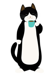 コーヒー休憩でホッとする白黒猫　背景透明
